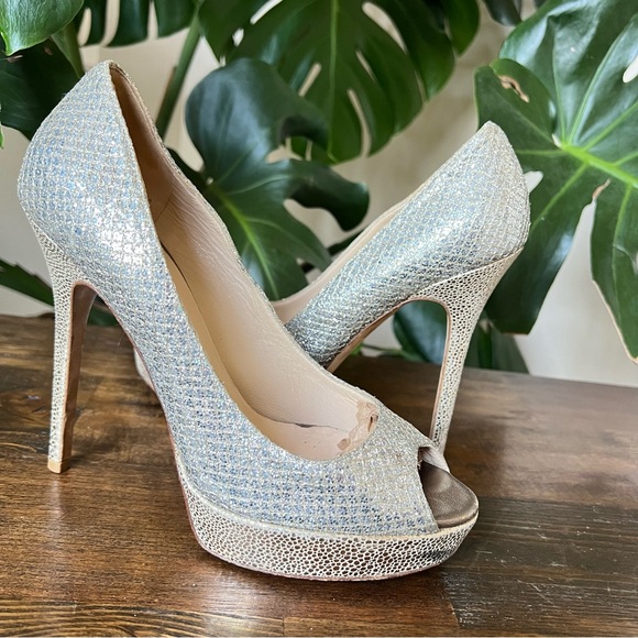 Jimmy Choo Luna Glitter Peep Toe Platform High Heel Pumps EU38.5 US8.5 - Picture 4 of 17